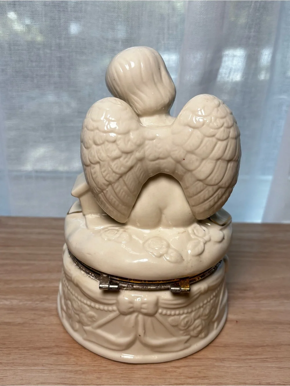 Cream Porcelain Angel Trinket Box with Gold Accent - Decorative Vanity Tray